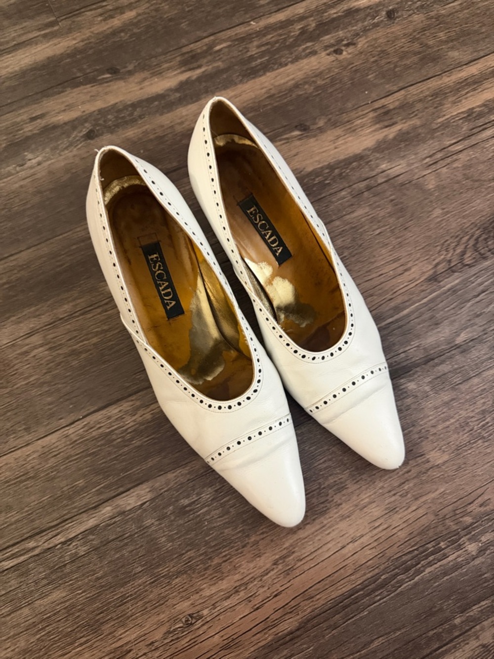 Escada Cream Pointed Toe Leather Flats with Perforated Trim